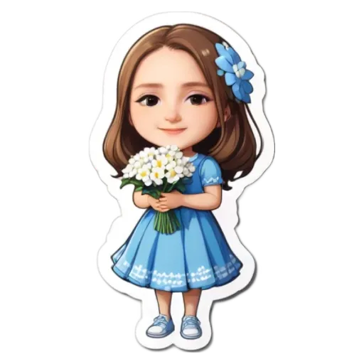A girl holding flowers is in the center of a sticker.