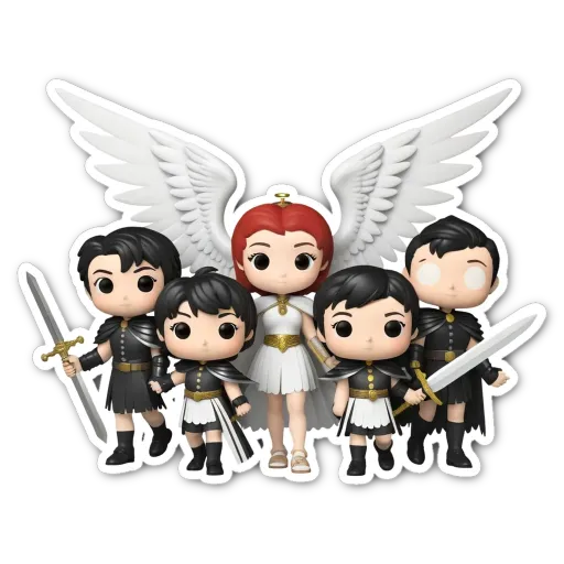 Five kids and a angels with wings and holding swords.
