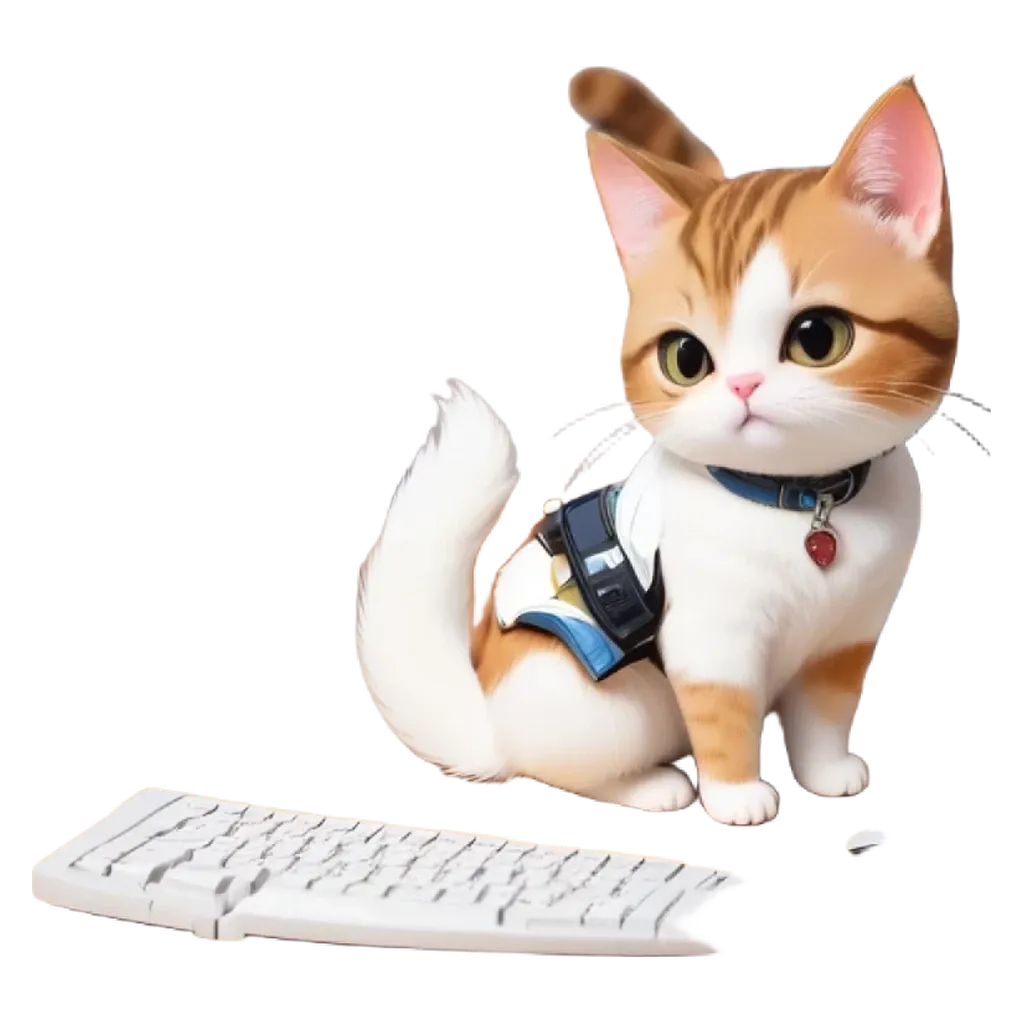 A cartoon cat sitting on a keyboard with a mouse.