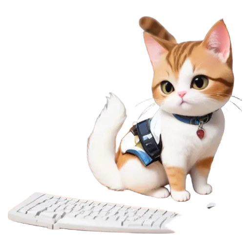 A cartoon cat sitting on a keyboard with a mouse.