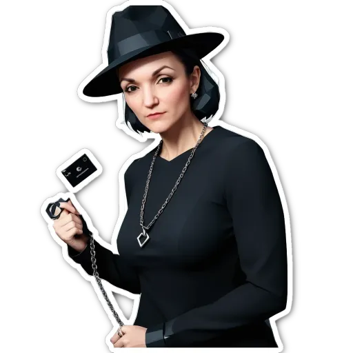 A woman with a black dress and a black hat holding a card.