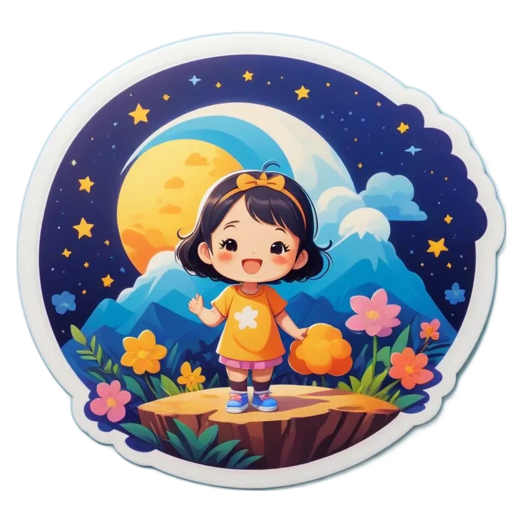 A girl is standing on a rock with flowers and a full moon in the background.