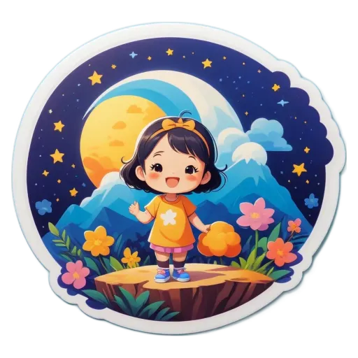 A girl is standing on a rock with flowers and a full moon in the background.
