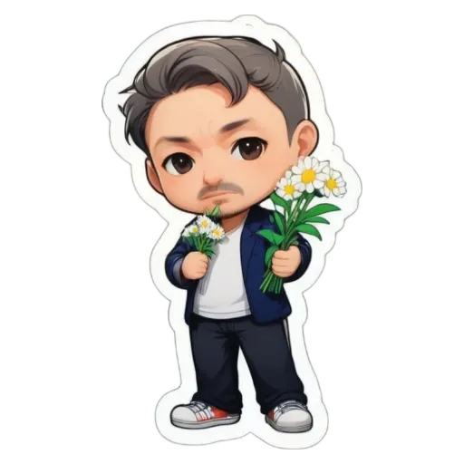 A boy is holding flowers and the flowers are white.