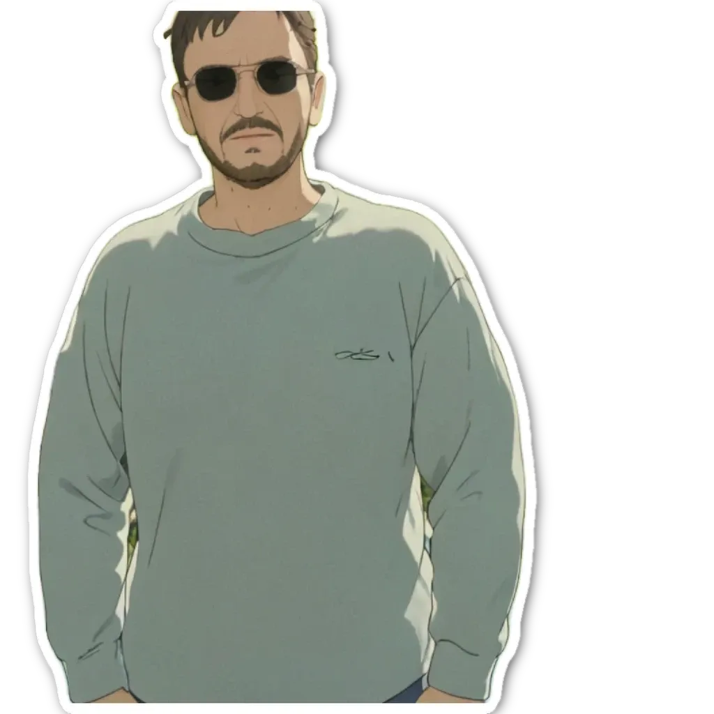 An anime character wearing a grey sweater and sunglasses is standing.