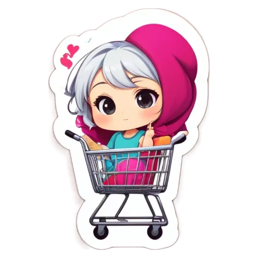 A girl is shopping and is in a shopping cart.