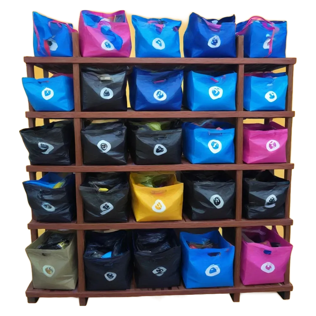 A row of blue, black and pink bags sitting on a shelf.