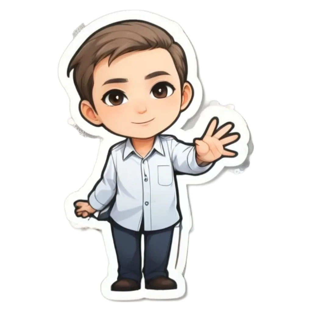 A cartoon drawing of a man that is wearing a white shirt and blue pants.