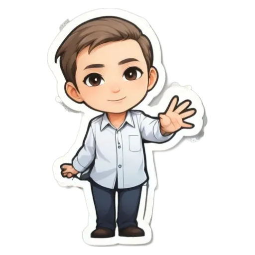 A cartoon drawing of a man that is wearing a white shirt and blue pants.