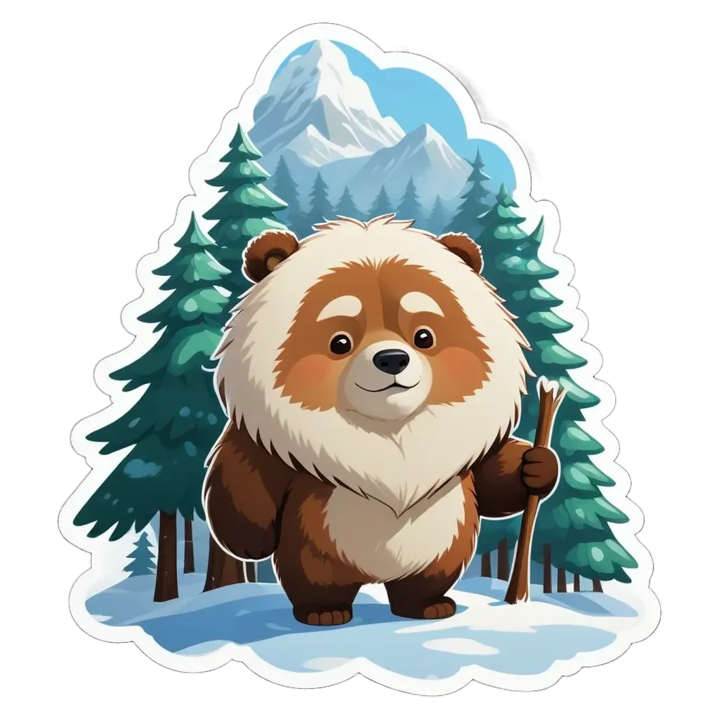 A cartoon depiction of a bear in the woods holding a stick.