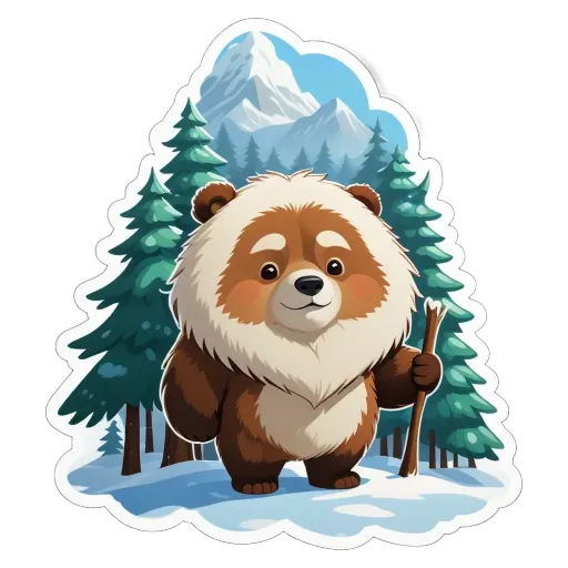 A cartoon depiction of a bear in the woods holding a stick.