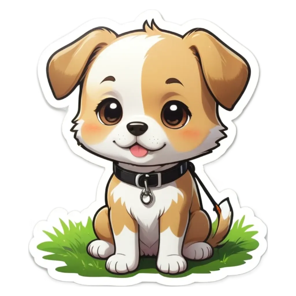 A cartoon dog sitting on the grass with a black collar.