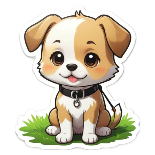 A cartoon dog sitting on the grass with a black collar.