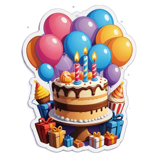 A birthday cake with lit candles and colorful balloons surrounding it.