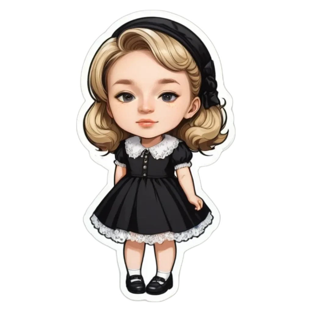 A cartoon drawing of a little girl wearing a black dress.
