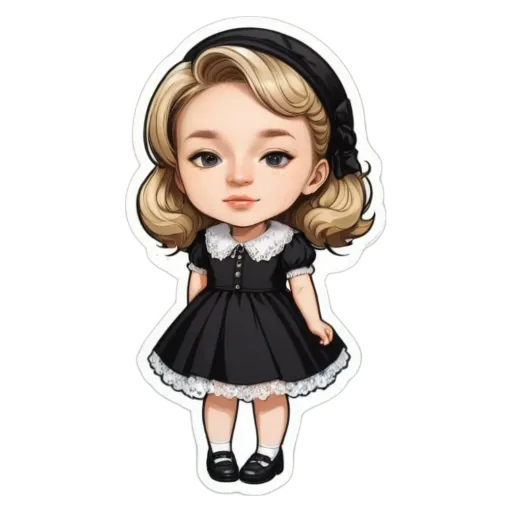 A cartoon drawing of a little girl wearing a black dress.