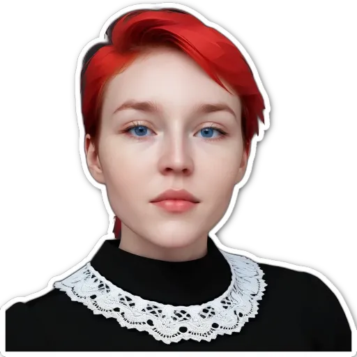 A woman with red hair and a black and white lacy collar.