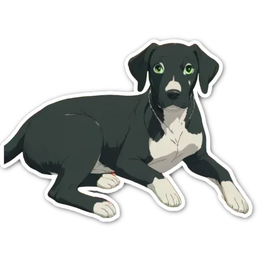 A black and white dog with green eyes is lying down on a black and white paw print sticker.