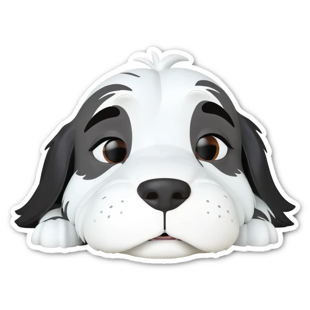 A black and white dog with a sticker of the dog looking at the camera.