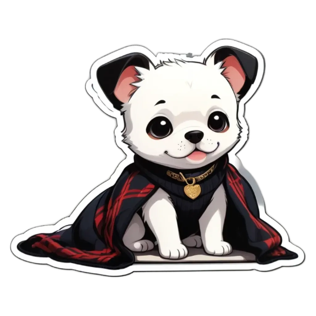 A puppy wearing a cape and blanket with a heart on it.