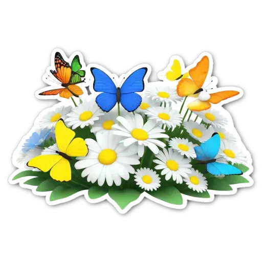 A set of four different colored butterflies surrounded by white and yellow flowers.