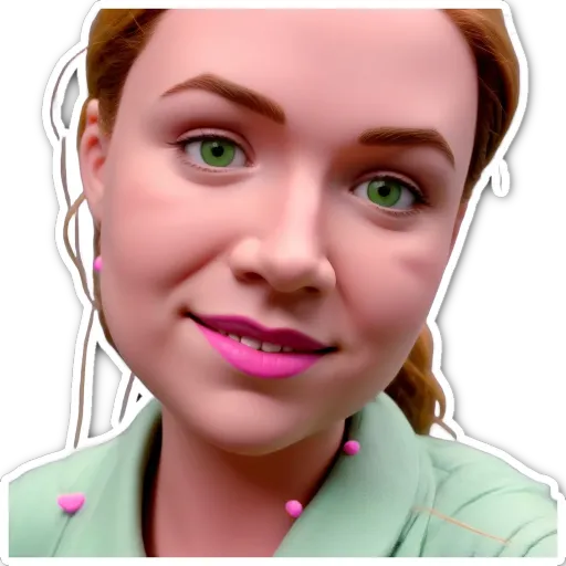 A woman with green eyes and a pink lipstick is smiling.