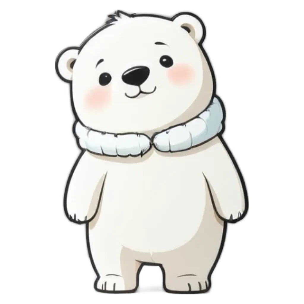 A polar bear with a scarf around its neck is standing up.
