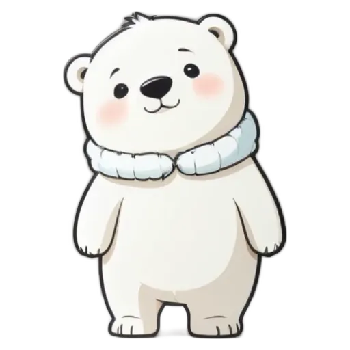 A polar bear with a scarf around its neck is standing up.