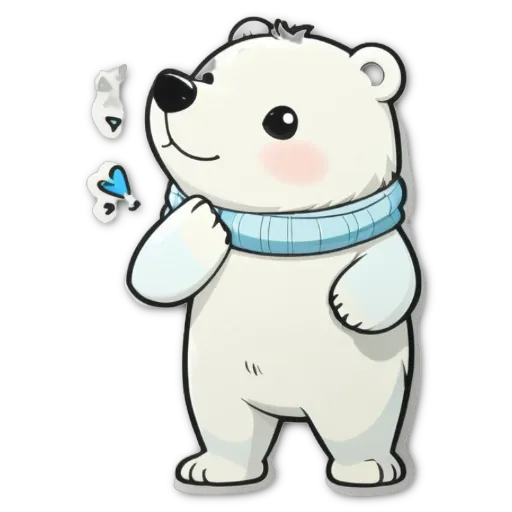 A polar bear wearing a blue scarf is looking to the right.