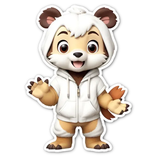 A cartoon animal wearing a white jacket and waving.