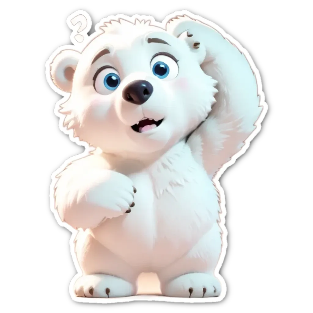 A polar bear cub looking up with a sticker of a polar bear.