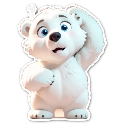 A polar bear cub looking up with a sticker of a polar bear.
