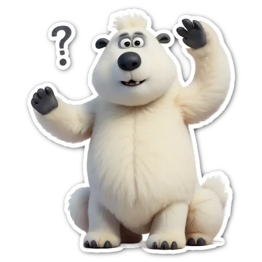 A polar bear with a question mark on its head is holding its paw up.