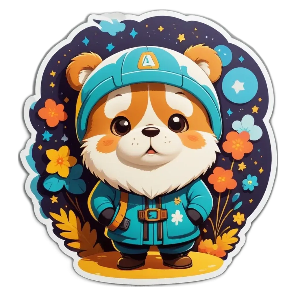 A character wearing a blue jacket and a hat is standing in front of flowers.