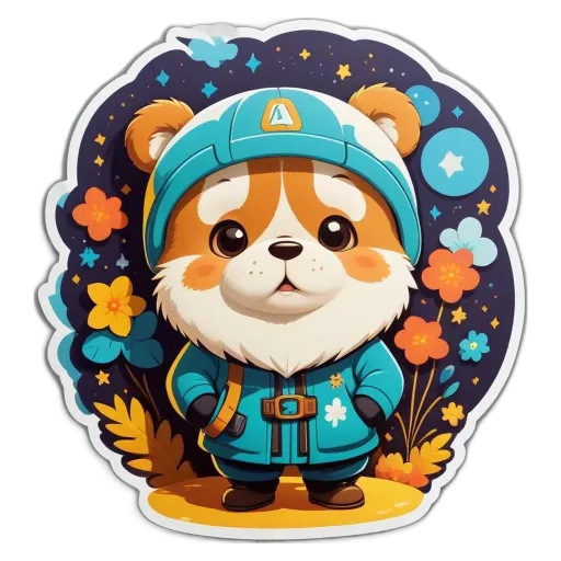 A character wearing a blue jacket and a hat is standing in front of flowers.
