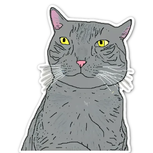 A cartoon drawing of a cat with yellow eyes.
