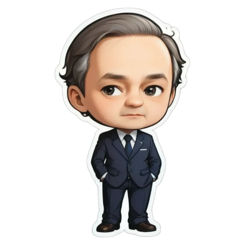 A cartoonish drawing of a man in a suit and tie.