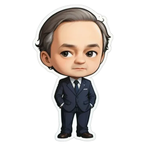 A cartoonish drawing of a man in a suit and tie.