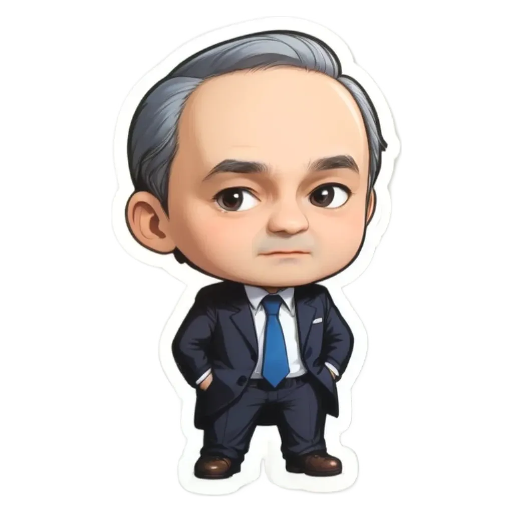 A cartoonish drawing of a man in a suit with his hands in his pockets.