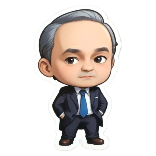 A cartoonish drawing of a man in a suit with his hands in his pockets.