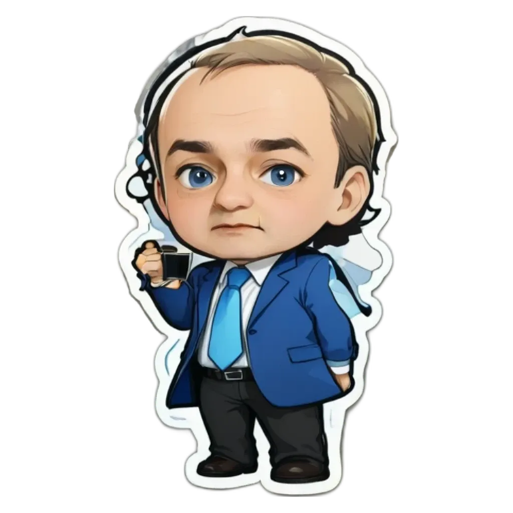 A cartoon drawing of a man in a suit holding a cup.