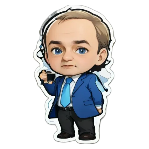 A cartoon drawing of a man in a suit holding a cup.