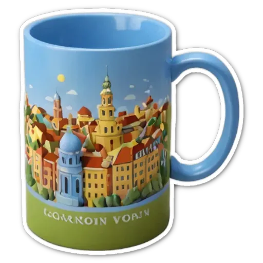 A coffee cup with a city scene on it.