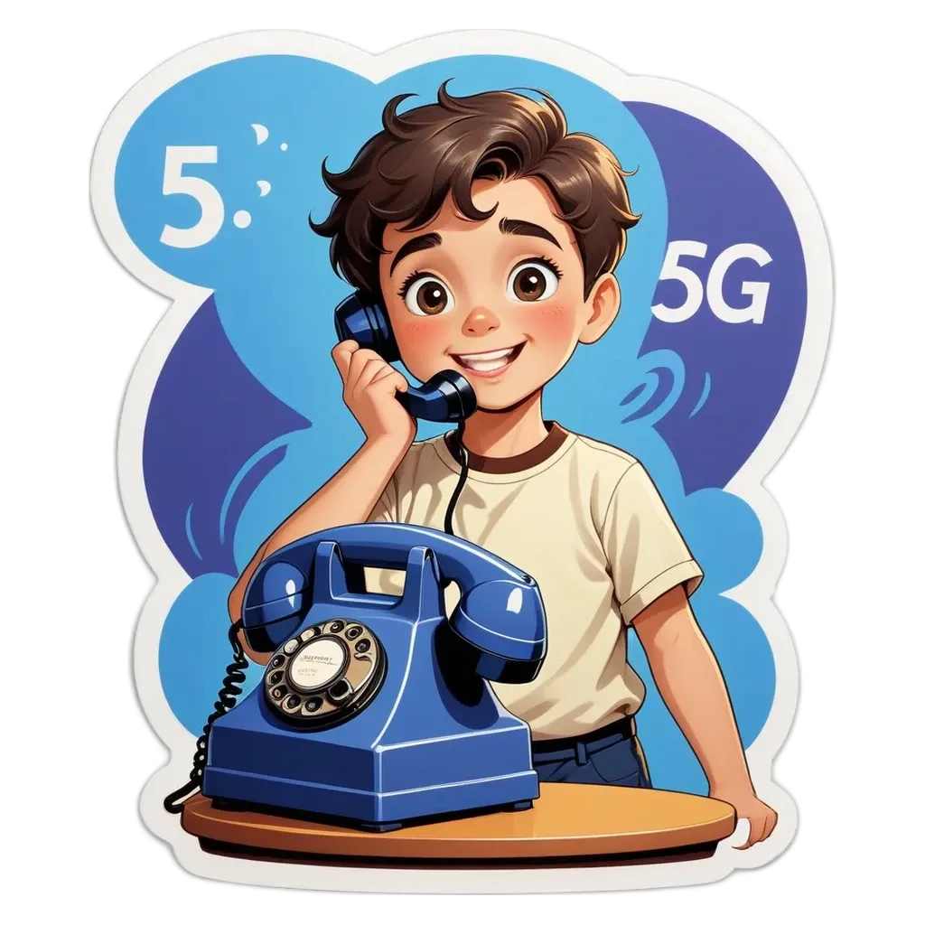 A boy talking on a telephone with a sticker that says 5g below him.