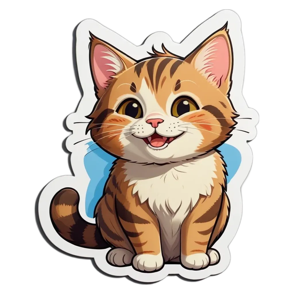 A cartoon cat with blue eyes is sitting on a black background.