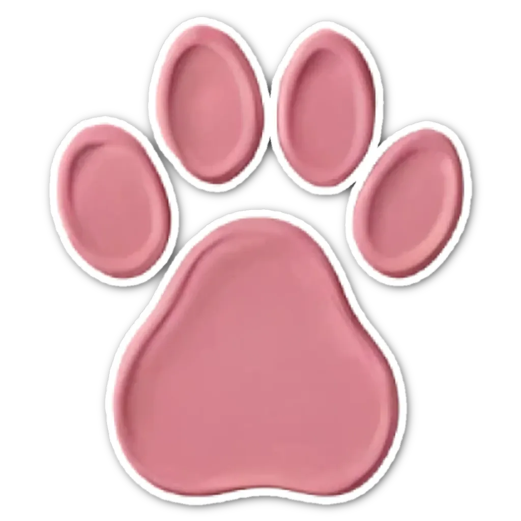 A sticker of a paw with the word Paws printed on it.