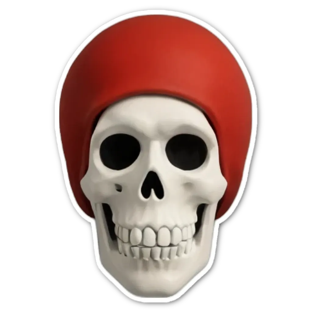 A red hat skull is staring at the camera.