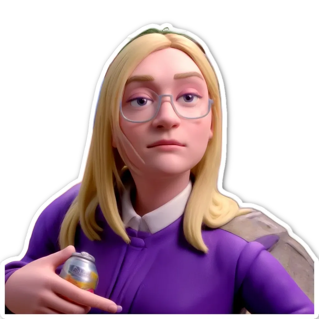 A sticker of a girl holding a can of soda.
