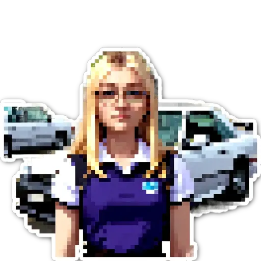A girl is standing in front of a car.