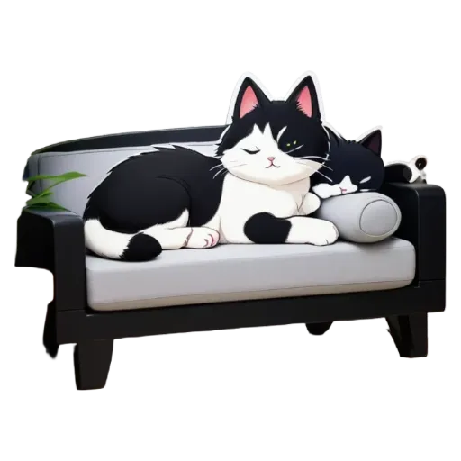 A cartoon cat sleeping on a couch with a pillow.